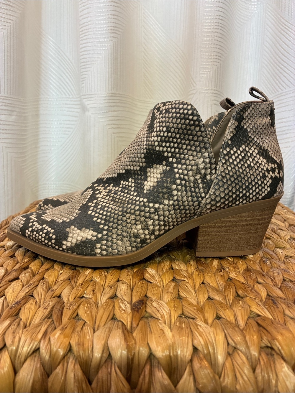 Universal Thread Snake-Print Ankle Booties in Black and Cream